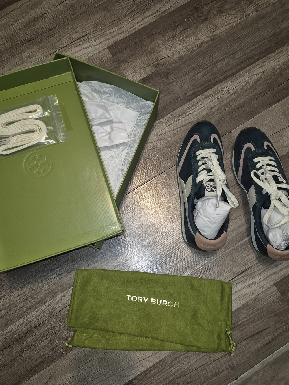 Tory Burch Teal Suede Sneakers with Pink Accents